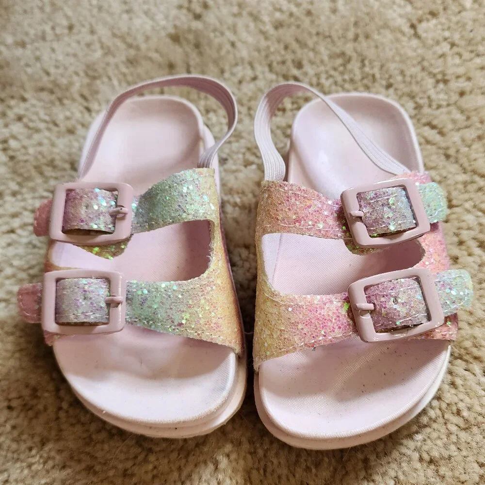 First Steps Toddle Girls' Sandals Slip On Double Buckle Slide Pink Glitter Sz: 5
